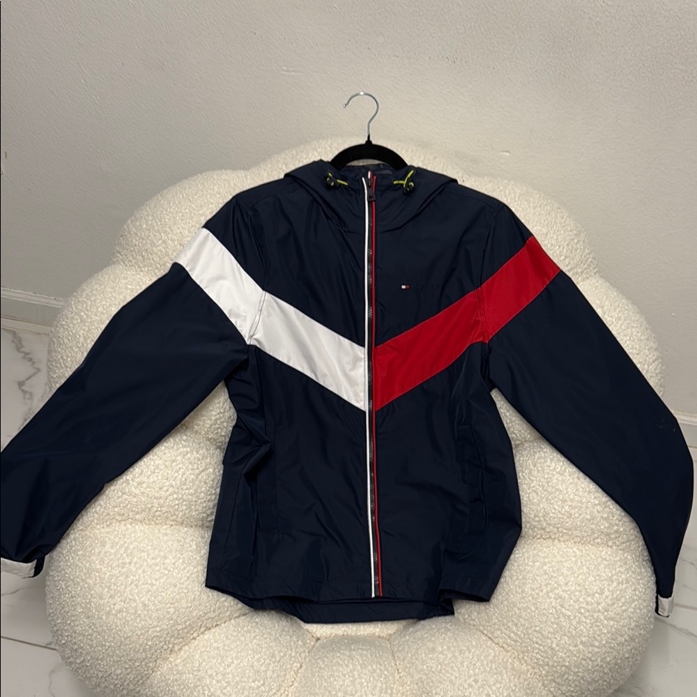 Navy Jacket with Red and White Stripes